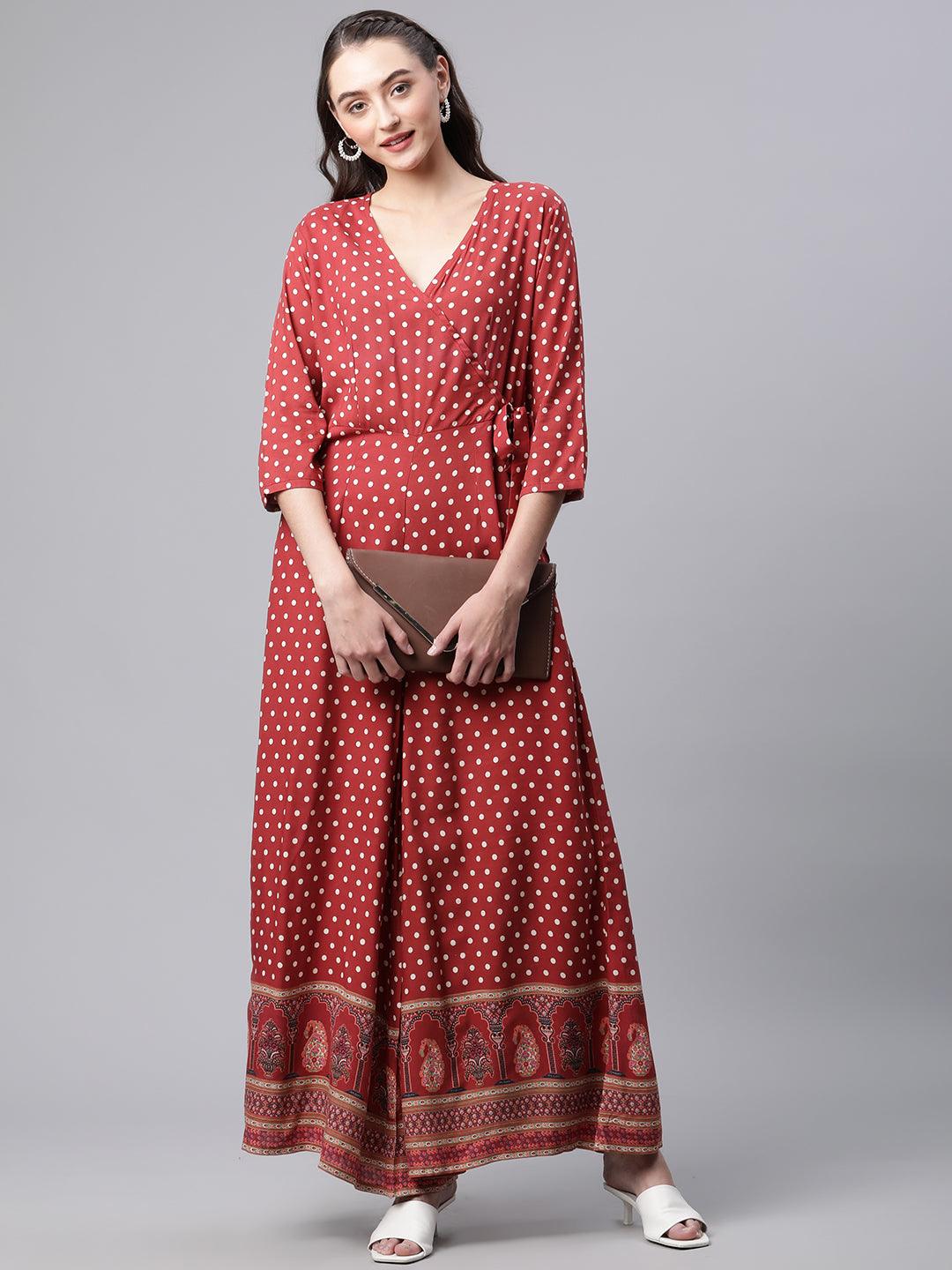 Maroon Polka Dots Printed Jumpsuit | LASVINI - Redefining Indian Fashion with Elegance