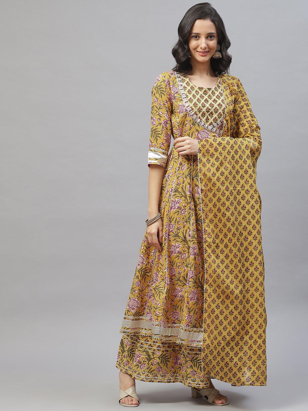 Mustard Cotton Anarkali Kurta Palazzo Set With Dupatta | LASVINI - Redefining Indian Fashion with Elegance
