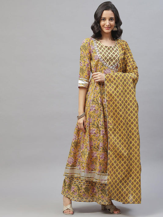 Mustard Cotton Anarkali Kurta Palazzo Set With Dupatta | LASVINI - Redefining Indian Fashion with Elegance
