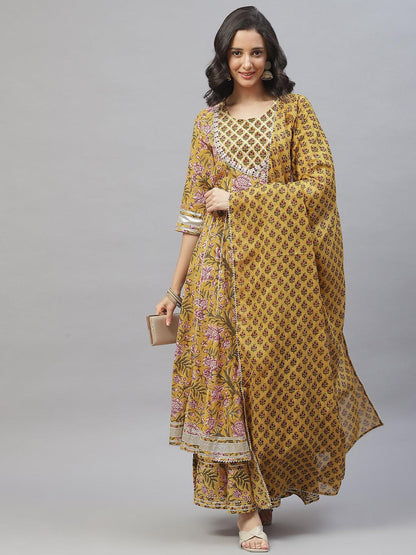 Mustard Cotton Anarkali Kurta Palazzo Set With Dupatta | LASVINI - Redefining Indian Fashion with Elegance