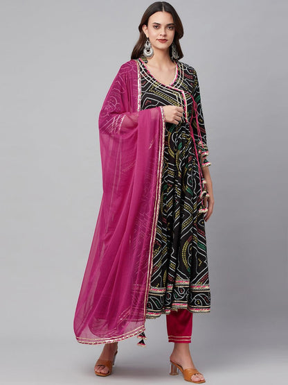 Black Bandhani Print Anarkali Kurta Pant Set With Dupatta | LASVINI - Redefining Indian Fashion with Elegance