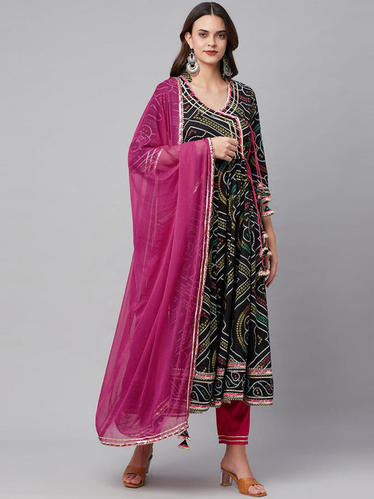 Black Bandhani Print Anarkali Kurta Pant Set With Dupatta | LASVINI - Redefining Indian Fashion with Elegance