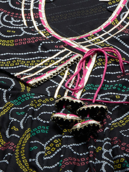 Black Bandhani Print Anarkali Kurta Pant Set With Dupatta | LASVINI - Redefining Indian Fashion with Elegance