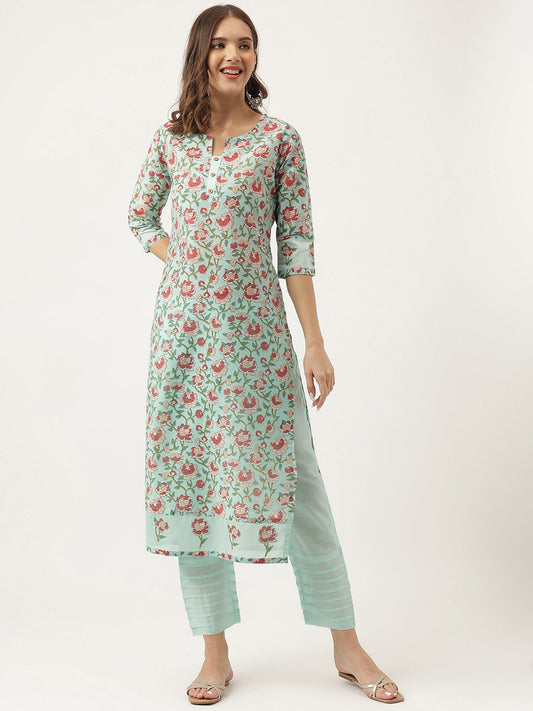 Green Chanderi Floral Printed Kurta With Trouser Set | LASVINI - Redefining Indian Fashion with Elegance