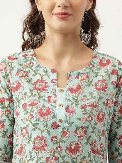 Green Chanderi Floral Printed Kurta With Trouser Set | LASVINI - Redefining Indian Fashion with Elegance
