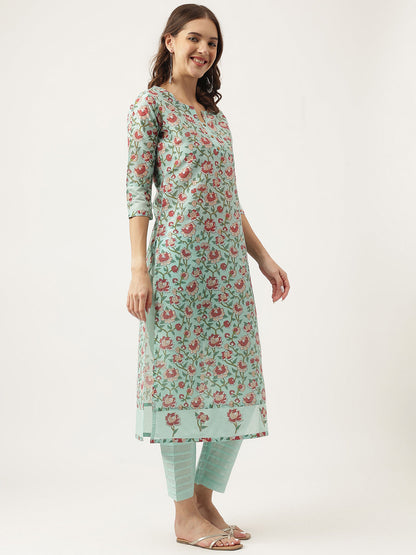 Green Chanderi Floral Printed Kurta With Trouser Set | LASVINI - Redefining Indian Fashion with Elegance