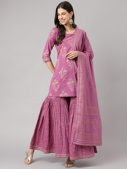 Purple Foil Print Cotton Sharara Set With Dupatta | LASVINI - Redefining Indian Fashion with Elegance