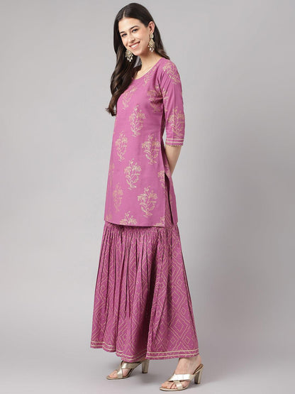Purple Foil Print Cotton Sharara Set With Dupatta | LASVINI - Redefining Indian Fashion with Elegance