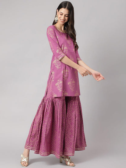 Purple Foil Print Cotton Sharara Set With Dupatta | LASVINI - Redefining Indian Fashion with Elegance