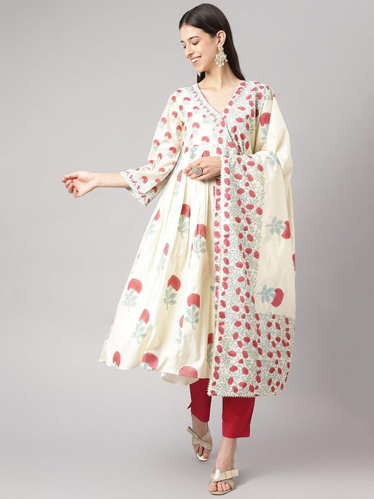 Cream Chanderi Floral Anarkali Kurta Pant Set With Dupatta | LASVINI - Redefining Indian Fashion with Elegance