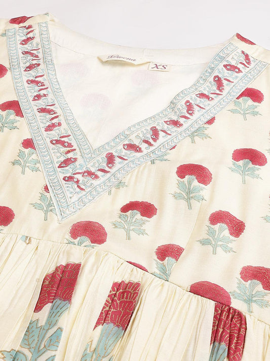 Cream Chanderi Floral Anarkali Kurta Pant Set With Dupatta | LASVINI - Redefining Indian Fashion with Elegance