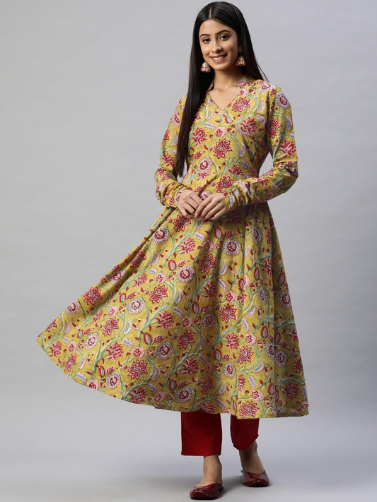 Mahendi Cotton Hand Block Printed Anarkali Kurta | LASVINI - Redefining Indian Fashion with Elegance