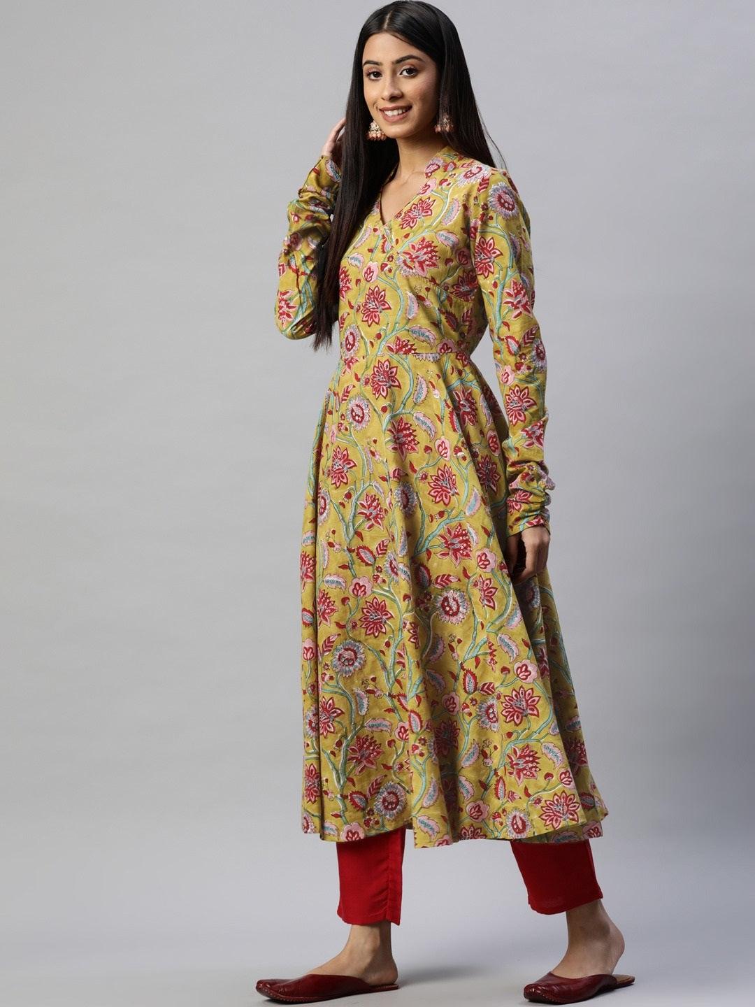 Mahendi Cotton Hand Block Printed Anarkali Kurta | LASVINI - Redefining Indian Fashion with Elegance