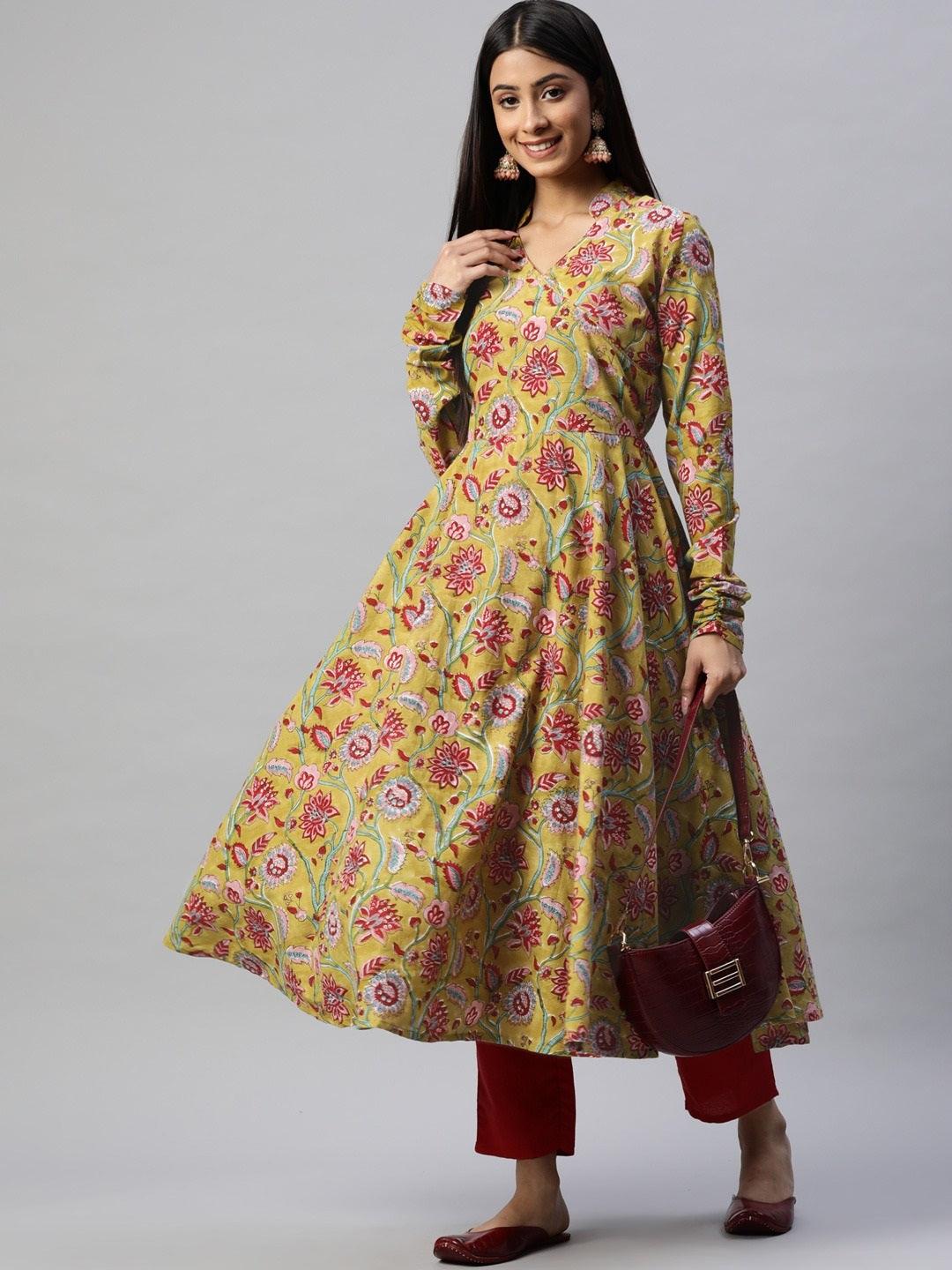 Mahendi Cotton Hand Block Printed Anarkali Kurta | LASVINI - Redefining Indian Fashion with Elegance