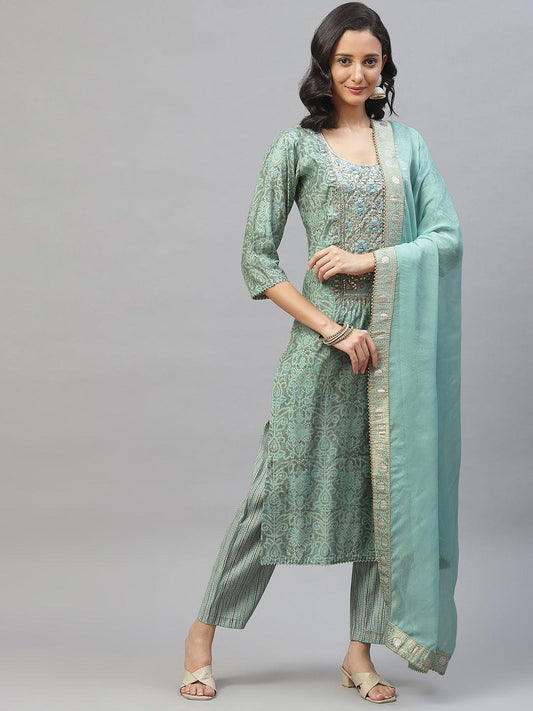 Blue Hand Work Bandhani Printed Muslin Kurta Pant Set With Dupatta | LASVINI - Redefining Indian Fashion with Elegance