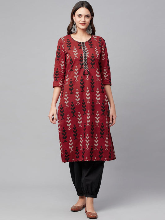 Maroon Cotton Straight Kurta Hem Cuffed Pant Set | LASVINI - Redefining Indian Fashion with Elegance