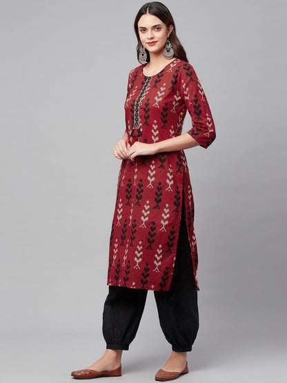Maroon Cotton Straight Kurta Hem Cuffed Pant Set | LASVINI - Redefining Indian Fashion with Elegance