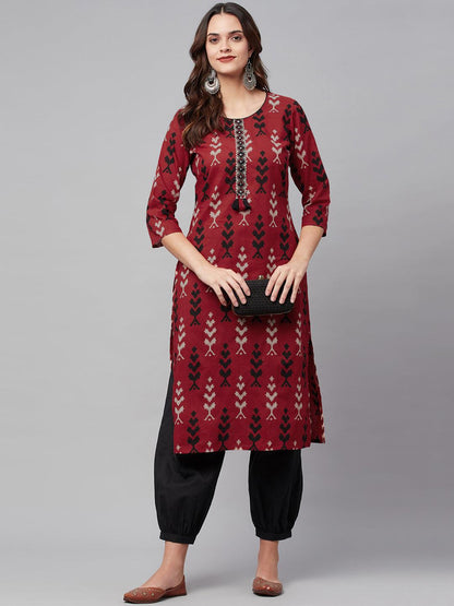 Maroon Cotton Straight Kurta Hem Cuffed Pant Set | LASVINI - Redefining Indian Fashion with Elegance