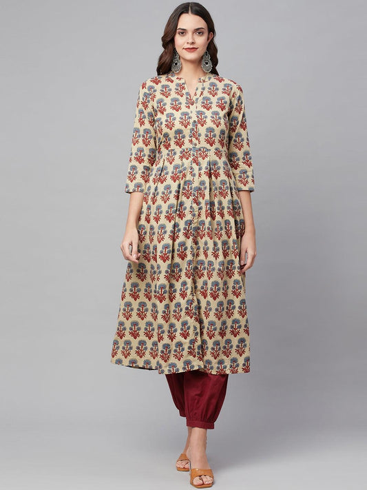 Beige Cotton A-Line Kurta Hem Cuffed Pant Set | LASVINI - Redefining Indian Fashion with Elegance