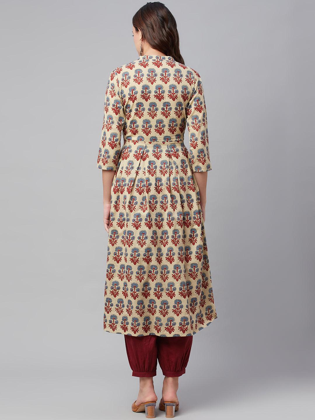 Beige Cotton A-Line Kurta Hem Cuffed Pant Set | LASVINI - Redefining Indian Fashion with Elegance