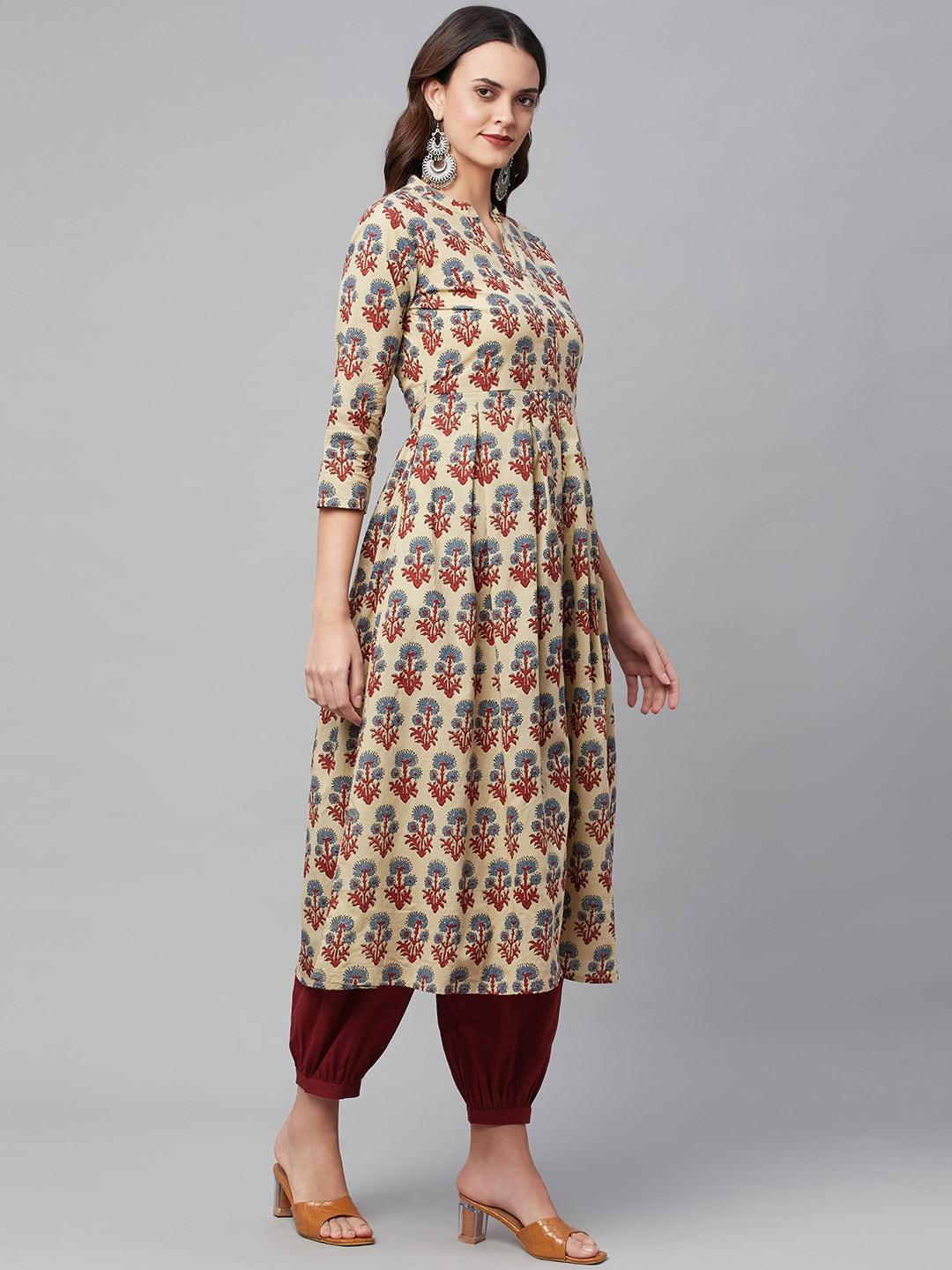 Beige Cotton A-Line Kurta Hem Cuffed Pant Set | LASVINI - Redefining Indian Fashion with Elegance
