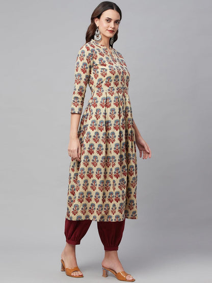 Beige Cotton A-Line Kurta Hem Cuffed Pant Set | LASVINI - Redefining Indian Fashion with Elegance