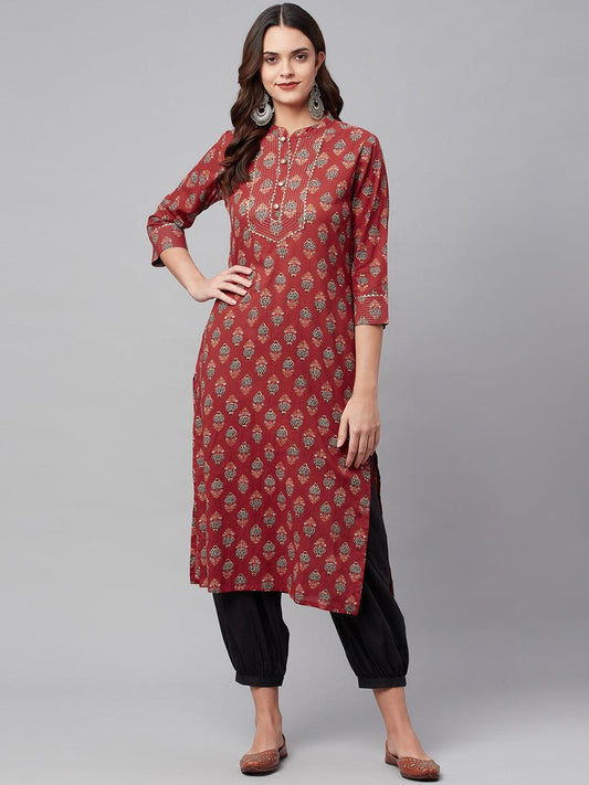 Red Ethnic Cotton Straight Kurta | LASVINI - Redefining Indian Fashion with Elegance