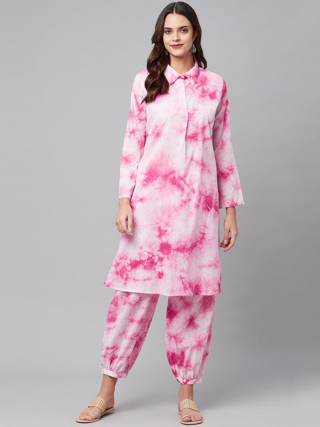 Pink Cotton Shirt Style Kurta Hem Cuffed Pant Set | LASVINI - Redefining Indian Fashion with Elegance