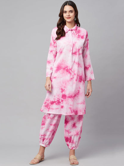 Pink Cotton Shirt Style Kurta Hem Cuffed Pant Set | LASVINI - Redefining Indian Fashion with Elegance