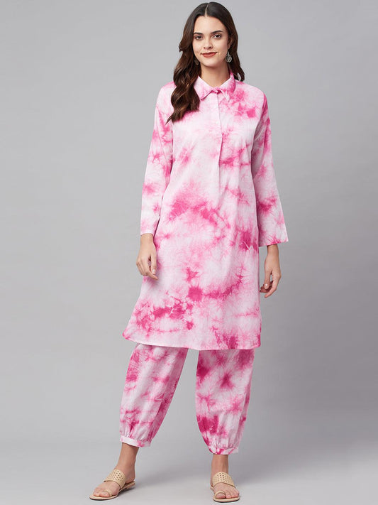 Pink Cotton Shirt Style Kurta Hem Cuffed Pant Set | LASVINI - Redefining Indian Fashion with Elegance