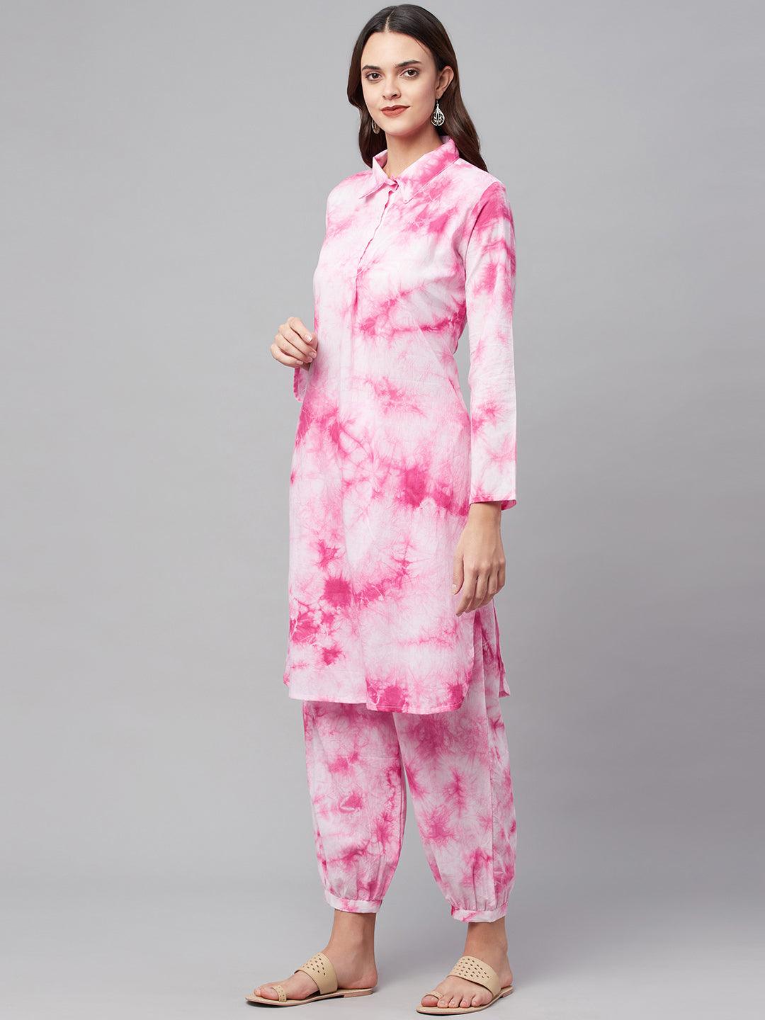 Pink Cotton Shirt Style Kurta Hem Cuffed Pant Set | LASVINI - Redefining Indian Fashion with Elegance