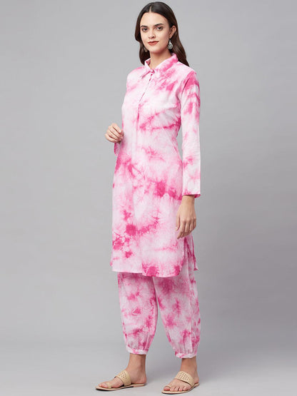 Pink Cotton Shirt Style Kurta Hem Cuffed Pant Set | LASVINI - Redefining Indian Fashion with Elegance