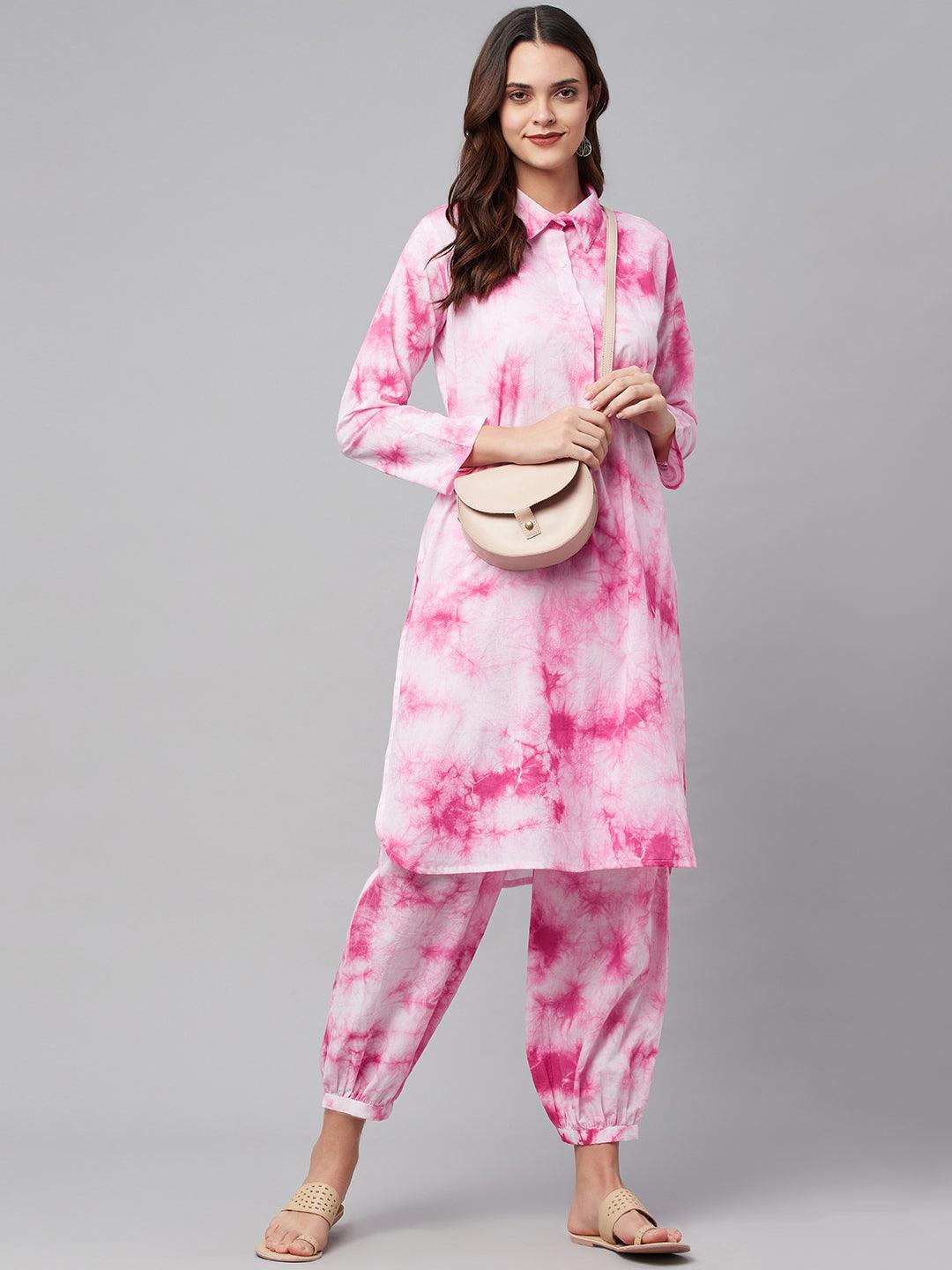 Pink Cotton Shirt Style Kurta Hem Cuffed Pant Set | LASVINI - Redefining Indian Fashion with Elegance