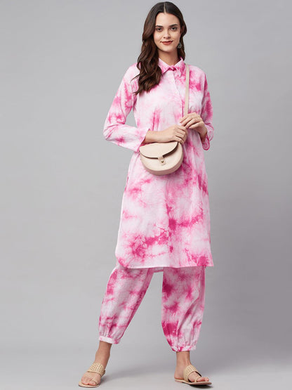 Pink Cotton Shirt Style Kurta Hem Cuffed Pant Set | LASVINI - Redefining Indian Fashion with Elegance
