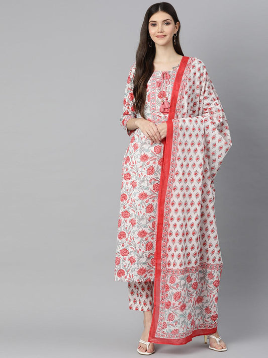 White Floral Printed Kurta Pant Set With Dupatta | LASVINI - Redefining Indian Fashion with Elegance