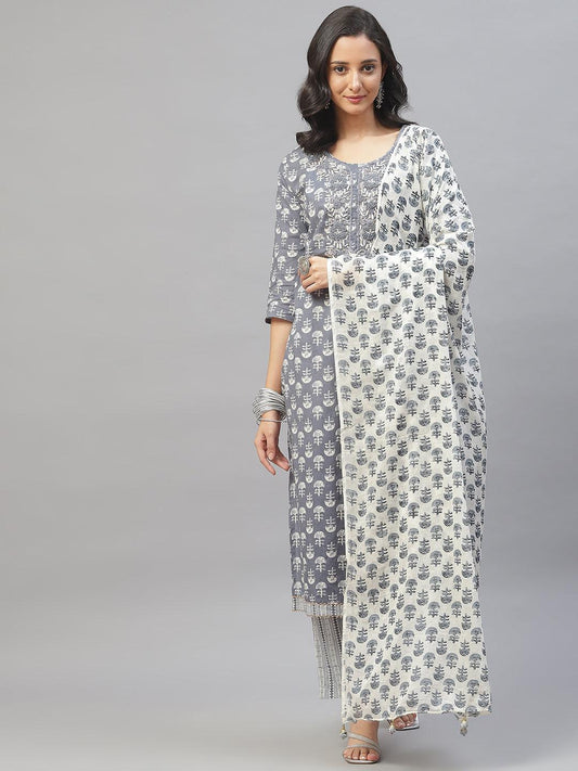 Grey And White Floral Printed Kurta Pant Set With Dupatta | LASVINI - Redefining Indian Fashion with Elegance