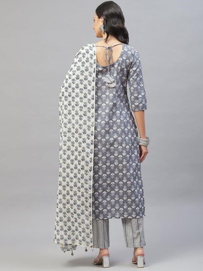 Grey And White Floral Printed Kurta Pant Set With Dupatta | LASVINI - Redefining Indian Fashion with Elegance