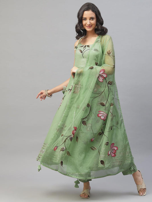 Light Green Hand Painted Floral Anarkali Kurta Pant Set With Dupatta | LASVINI - Redefining Indian Fashion with Elegance