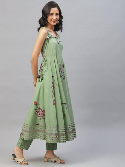 Light Green Hand Painted Floral Anarkali Kurta Pant Set With Dupatta | LASVINI - Redefining Indian Fashion with Elegance