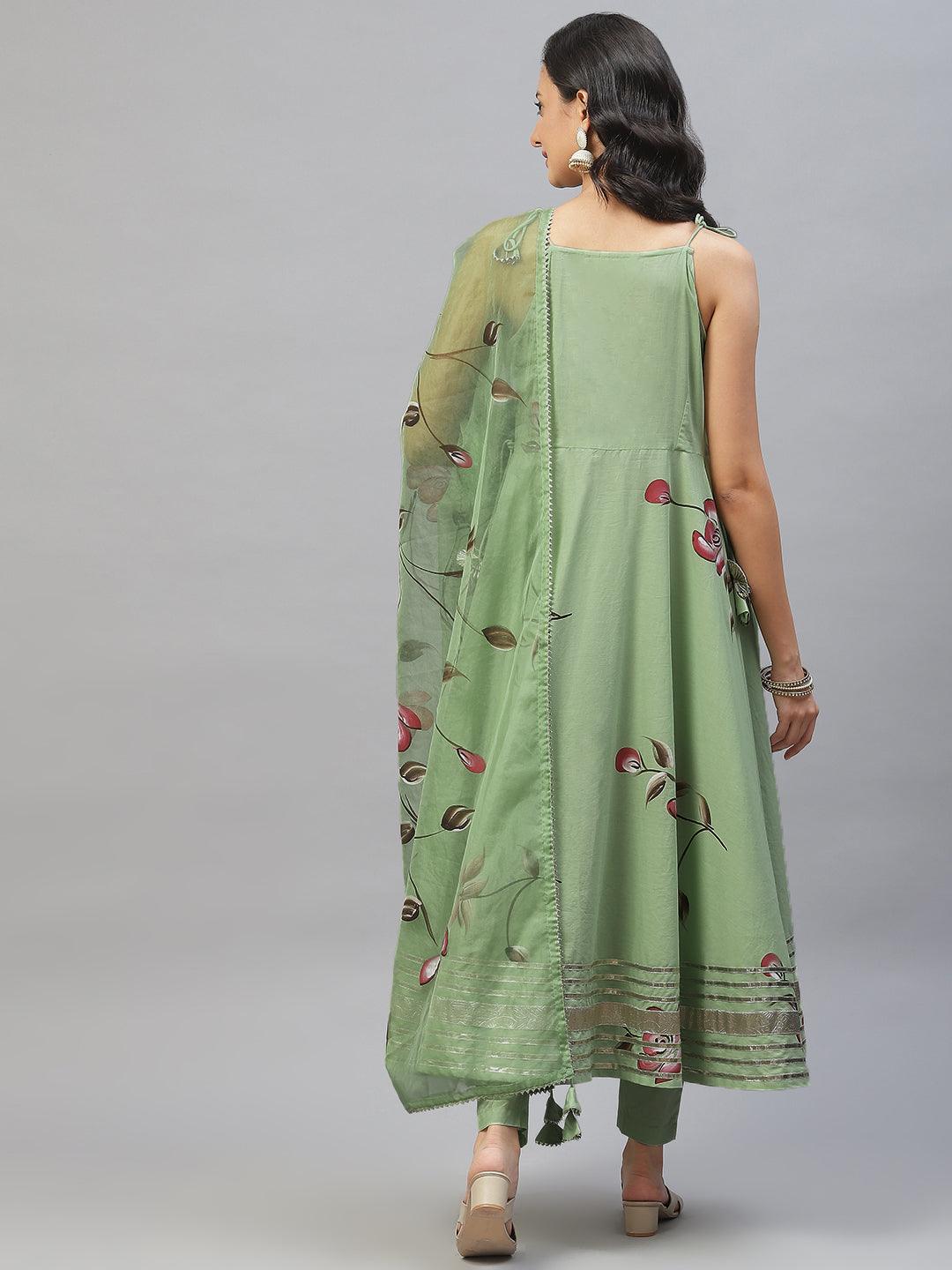 Light Green Hand Painted Floral Anarkali Kurta Pant Set With Dupatta | LASVINI - Redefining Indian Fashion with Elegance