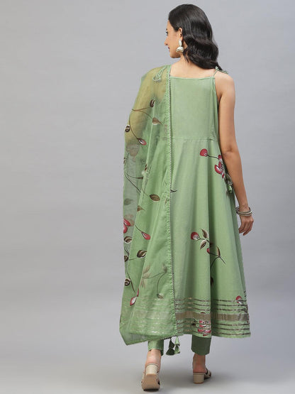 Light Green Hand Painted Floral Anarkali Kurta Pant Set With Dupatta | LASVINI - Redefining Indian Fashion with Elegance