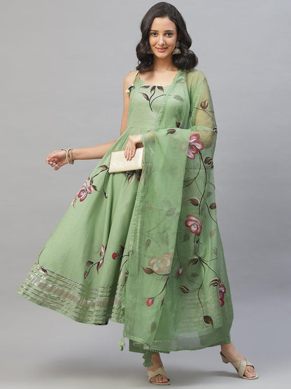 Light Green Hand Painted Floral Anarkali Kurta Pant Set With Dupatta | LASVINI - Redefining Indian Fashion with Elegance