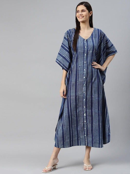 Blue Hand Block Printed Striped Kaftan Dress | LASVINI - Redefining Indian Fashion with Elegance