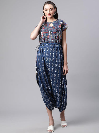 Indigo Hand Block Dhoti Style Cotton Jumpsuit | LASVINI - Redefining Indian Fashion with Elegance