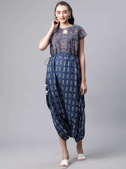 Indigo Hand Block Dhoti Style Cotton Jumpsuit | LASVINI - Redefining Indian Fashion with Elegance