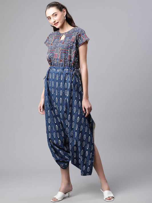Indigo Hand Block Dhoti Style Cotton Jumpsuit | LASVINI - Redefining Indian Fashion with Elegance