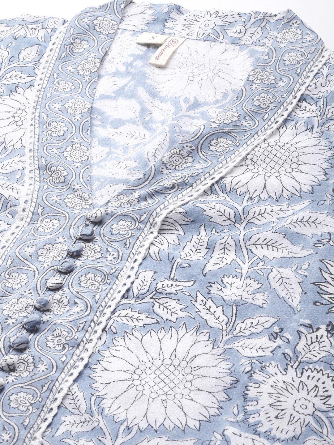 Sky Blue Hand Block Printed Straight Kurta Pant Set With Dupatta | LASVINI - Redefining Indian Fashion with Elegance