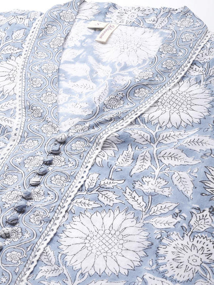 Sky Blue Hand Block Printed Straight Kurta Pant Set With Dupatta | LASVINI - Redefining Indian Fashion with Elegance