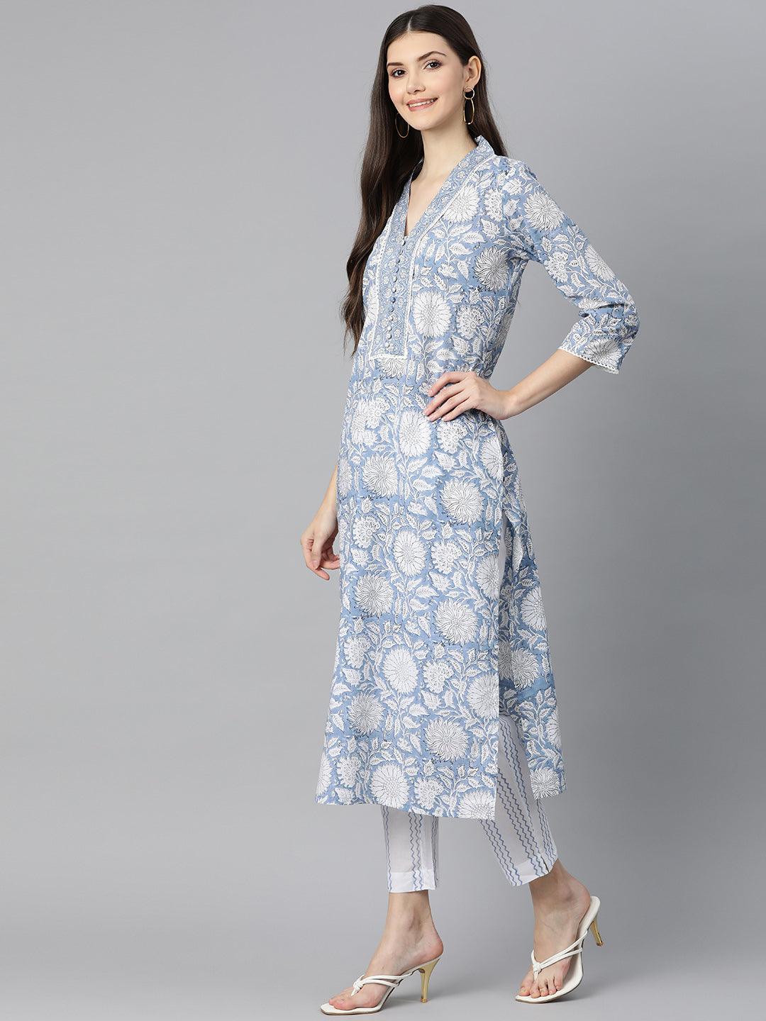 Sky Blue Hand Block Printed Straight Kurta Pant Set With Dupatta | LASVINI - Redefining Indian Fashion with Elegance