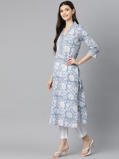 Sky Blue Hand Block Printed Straight Kurta Pant Set With Dupatta | LASVINI - Redefining Indian Fashion with Elegance